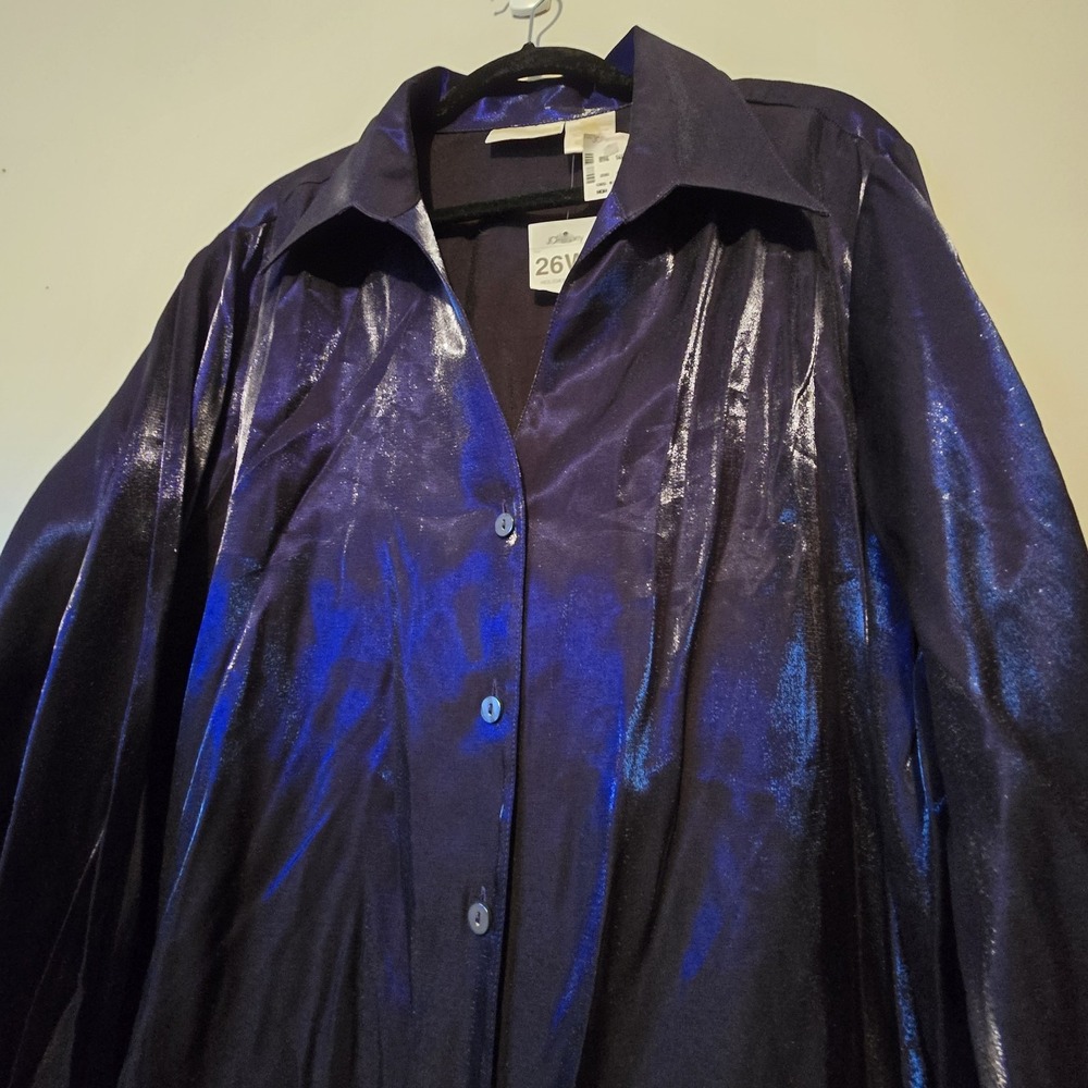 Vintage 90s NEW Christie Jill Shiny Blouse Women's Plus 26W Blue French Cuff NWT - Picture 2 of 9